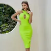 Femmes Sexy Designer Keyhole Neon Green Bandage Robe Soirée Celebrity Genou Longueur Chic Party Robe 210527