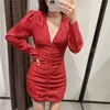 Za Print Vintage Mini Dress Women V Neck Long Sleeve Ruched Party Dresses Woman Fashion Back Zip Lining Elegant Red Dress 210602