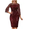 Casual Dresses Fashion Glitter Shiny Sequin Bodycon Evening Party Dress Women 3/4 Sleeve Mesh Patchwork Office Midi Mujer Vestido Robe