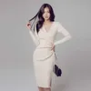 inverno Ufficio Autunno Abito Corea Donna Manica lunga scollo a V festa Notte Midi Dresse per le donne Abbigliamento moda 210602