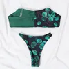 女性の水着セクシーな女性ビキニセットリーフ印刷緑のステッチ非対称の透明ストラップ水着2個2021