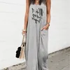 Mujeres gris cuello en V letra impresa Maxi Vestidos verano Casual sólido sin mangas vestido Streewear de talla grande 4XL Vestidos femeninos 210302