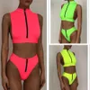 High Waist Bikini Mujer Neon Green Swimsuit Female Neck Swimwear Women Zipper Crop Top Sexy Bathing Suit Bathers 210629