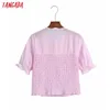 Tangada Kobiety Retro Haft Kołnierz Różowy Romantyczny Bluzka Koszula Krótki Rękaw Koszulka Koszula Koszula Topy 6Z101 210609