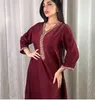 Vestidos casuais jalabiya manga longa maxi vestido para mulheres queda 2021 dubai abaya moda diamante fita v pescoço muçulmano árabe robe2753