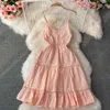 Sweet Ladies Pink Spaghetti Strap Dress Women Summer Sleeveless Embroidery Lace Party Sexy Backless Holiday Beach 210603
