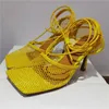 Nieuwe Fishnet Hollow Hoge Hak Sandalen Dames Vierkante Teen Kant enkelband 2021 Zomer Sexy Party Shoes Mujer