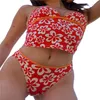 Женские купальные костюмы Hirigin 2021 Beach Wear Женщины Сексуальная одежда с двумя частями набор красного цветочного снимка Глубоко V-образное камизол и шорты