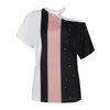 T-shirt da donna Moda Paillettes Stripe Stripe Cucitura Bianco 2021 Estate Sexy Off Should Off Should Show Show Show Shirt Donna Casual Street Black Tops