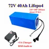 Batterie Lifepo4 72V, 40ah, BMS 24S, pour moto électrique, scooter, vélo électrique, balance, voiture EV, stockage d'énergie + chargeur 5a