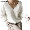 Ouslee 2021 Vår Höst Långärmad tröja Kvinnor V-hals Basic Solid Pullovers Kvinnor Koreansk stil Casual Strikked Sweaters Top X0721