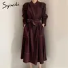 カジュアルドレスSyiwidii Women Office Lady 2021 A-line SolidSashes Blue Korean Fashion Vintage Harajuku Midi Midi Eleganteボタン