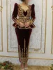 Karakou Algierski Burgundy Aksamitne Suknie Wieczorowe z długim rękawem Kurtka Złota Koronka Haftowa Arabska Syrenka Suknia