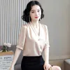 Korean Silk Women Blouses Satin Blouse Tops Elegant Woman V-neck Short-Sleeve Shirts Plus Size Blusas Mujer De Moda 210531