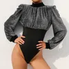 Women's Jumpsuits & Rompers Half-high Collar Bright Silk High Waist Shaping Nightclub Stage Jumpsuit Women Long Sleeve Loose Silver Black Bo