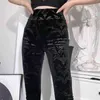 Nieprojektować Gothic Black Punk Spodnie Kobiety Streetwear Grunge Spodnie Vintage Harajuku Patchwork Koronki Aksamitna Wysoka Talia 211115