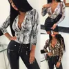 Seksowne głębokie V Neck Lopard Ladies Bodysuits Bluzka z długim rękawem Kobiety Satynowy romper zwierzęcy nadruk kombinezon dla kobiet T200116