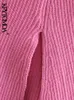 KPYTOMOA Women Chic Fashion Front Slitt Fited Knit Mini Dress Vintage High Neck Långärmad kvinnliga klänningar Vestidos Mujer 220210