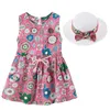 2pcs / set filles robe + chapeau coton princesse robe enfants robes de fête bébé 2021 été floral fille robe sans manches pour enfants Q0716