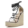 Sandaler Fashion Summer Straw Vävning Sole Kvinnor Öppna Toe Ankel Frenulum Ladies Platform Wedges High Heel Shoes Plus Size 35-42