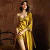 Temmuz Şarkı 5 Parça Kadın Pijama Setleri Zarif Seksi Dantel Faux İpek Pijama Kadın Leke İlkbahar Yaz Sonbahar Robe Homewear 210830