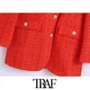 TRAF Women Fashion With Print Lining Fitted Tweed Blazer Coat Vintage Long Sleeve Pockets Female Outerwear Chic Veste 210930