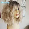 Dark Rooted Ombre Blonde Natural Wave Remy Hu Hair 13x6 with Bangs 180 Density 13x4 Lace Front Bob Wigs