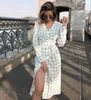 Женские VNECK PLAID SPLIT BODYCON SLIM Элегантная уличная одежда Сексуальная праздничная осень Новая топ -продажа мод полные платья 201008