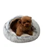 Lit rond pour chat en peluche douce avec capuche - Donut pour chiens et chats - En fausse fourrure - Confortable et auto-chauffant - Fond antidérapant