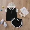 Kids Clothings Sets Hooded Jumper Short Sleeve Top + Breeches 2PCS/Set Baby Girl Boy Cotton Sport Suits Mesh Cap Design Summer Children Clothes Suit wmq1281