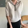 コレヒパアの女性Tシャツ夏の韓国シックな年齢 - 軽減ネイビーカラートリム3ボタンルーズゆるく薄い半袖ニットトップ210526