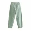 catonATOZ 2248 Women's Cargo Pants Green Pleated Mom Jeans High Waist Loose Harem Boyfriend Casual Trousers 210809