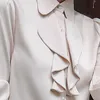 Lange mouwen abrikoos shirt vrouwen ruches ontwerp lente mode formele zakelijke chiffon blouses kantoor dames werk tops 210604