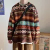 Engrossar Sweater Men's Winter Spring agulha de malha National Wind National Pescoço Pullover Padrão Geométrico Solto Grande Cuff Tops Homens 211014