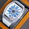 RF Vanguard V45 SC DT Diamonds Case A21J Automatic Mens Horloge Wit Dial Big Nummer Markers Blauw Lederen Rubber 2021 Bling Sieraden Hip Hop Horloges Puretime F03G7