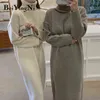 Beiyingni chic turtleneck trui jurk vrouwen duidelijke koreaanse stijl gebreide lange oversized jurken vrouwelijke dikker casual jurk robe y1204