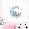 Watercolor Sleeping Baby Elephant on the Moon Wall Stickers With Flowers for Kids Room Baby Nursery Room Wall Decals PVC217W