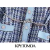 KPYTOMOA Women Fashion With Chain Belt Patchwork Denim Tweed Jacket Coat Vintage Long Sleeve Pockets Female Outerwear Chic Tops 211109