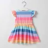 40# Kids Girls Casual Dresses Fly Sleeve Round Neck Striped Rainbow Princess Pageant Gown Birthday Party Dress Vestidos Q0716