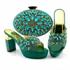 Beautiful teal women pumps and bag set with big crystal style african shoes match handbag for dress CP6002,Heel 10.5CM