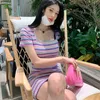 knitting mini tight korean ladies Summer Sexy short Sleeve Suqare neck stripe Dress for women 210602