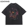 Oversized T-shirts Hip Hop Distressed Graffiti Punk Rock Gothic Tee Shirts Streetwear hajuku hipster kortärmad topp 210602