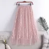 Surmiitro sommar mode midi lång tulle kjol kvinnor koreansk stil rosa applique hög midja mittlängd pläterad kjol kvinna 210712