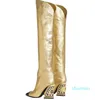 Sheegskin Кожа красочные алмазные квадратные каблуки туфли черные металлические ножки мотоцикл длинные коленные сапоги Siz 34-44 золото