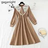 Office Ladies Hollow Out Lace Dresses Solid Peter Pan Collar Slim Elegant Basic Robes Regular Long Sleeve Spring 210601