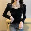 Korean Lace Patchwork Square Collar Graphic T Shirts Long Sleeve Slim Basic Tee Tops Spring Women Tshirt 6E840 210603
