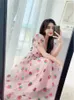 Strawberry dress Sequined Embroidery Cascading Ruffle Maxi Dress Women summer V-neck Puff Sleeve Bow Pink Tulle Mesh Long Dress 210303