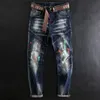 American Street Fashion Men Jeans Retro Mörkblå Elastisk Slim Fit Spliced ​​Designer Biker Splashed Hip Hop Denim Pants 09ki