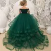Puffy Ruffle Tiered Dark Green Flower Girls Dresses Scoop Neck Appliqued Beaded Long Sleeves Little Girl Pageant Gowns Toddler Kids Communion Dress Birthday Party