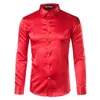 Złota jedwabna satynowa koszula mężczyźni chemise homme moda męskie slim fit z długim rękawem przycisk emulacji Down Down Sukienka Red 210809